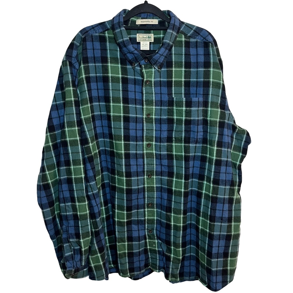 Vintage LL Bean Mens Scotch Plaid Flannel Shirt 2XL Blue‎ Green Outdoorsy Rugged